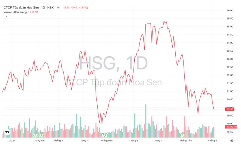 Diễn biến giá và khối lượng giao dịch cổ phiếu HSG từ đầu năm 2024 đến nay